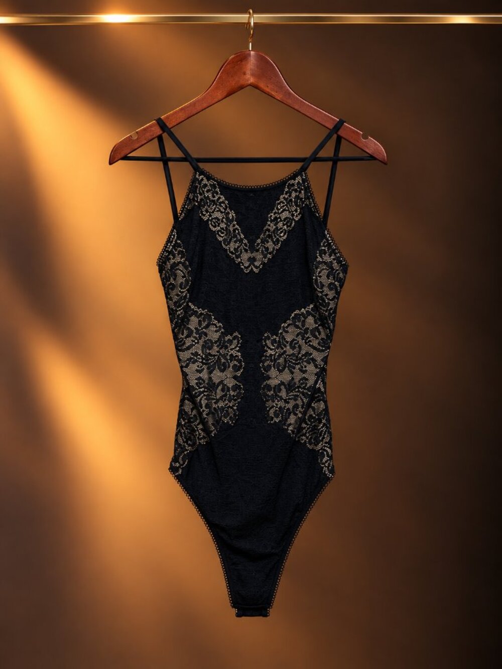 For Love & Lemons Skivvies Black Lace Open Back Bodysuit Nude Lining Size S